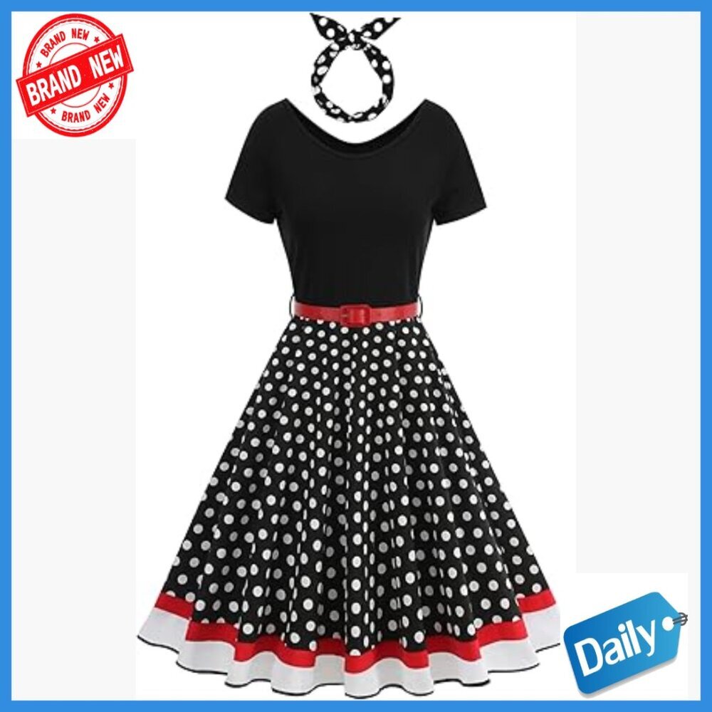 Vintage 50s Swing Midi Dress with Belt and Headband - Polyester Blend